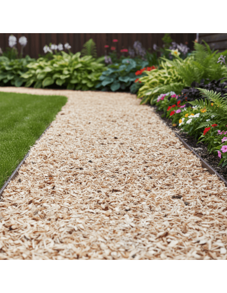 Gezeefde stamhoutsnippers 10–20 mm op een tuinpad | Advance Greenshop
