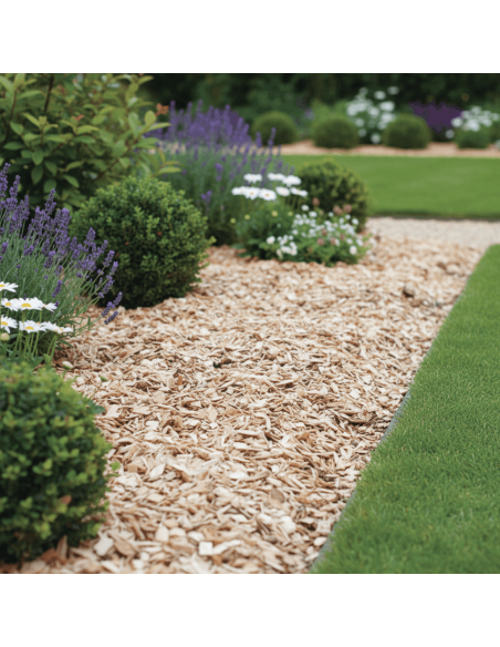 Gezeefde stamhoutsnippers 10–20 mm in een border| Advance Greenshop