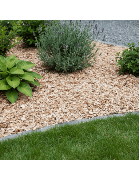 Gezeefde stamhoutsnippers 10–20 mm in een border | Advance Greenshop