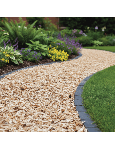 Gezeefde stamhoutsnippers 10–20 mm in een tuinpad| Advance Greenshop