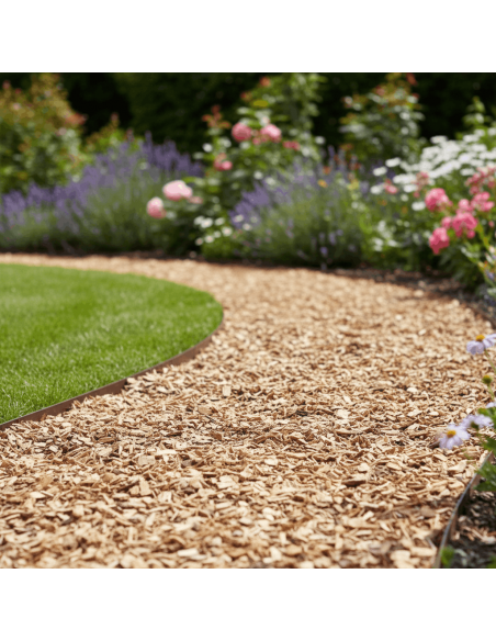 Grove stamhoutsnippers (houtchips) 10-50 mm in een tuinpad | Advance Greenshop