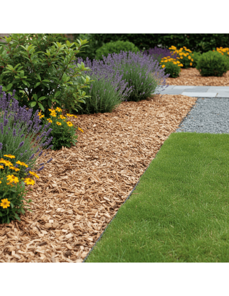 Grove stamhoutsnippers (houtchips) 10-50 mm in een border| Advance Greenshop