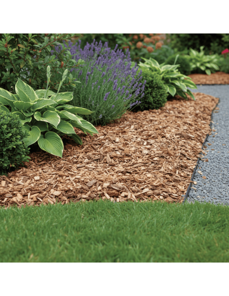 Grove stamhoutsnippers (houtchips) 10-50 mm in een border | Advance Greenshop