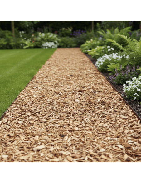 Grove stamhoutsnippers (houtchips) 10-50 mm in een tuinpad | Advance Greenshop