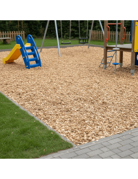Houtchips naturel EN1177 op een speelweide| Advance Greenshop