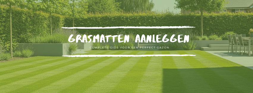 Pas gemaaid gazon met maaistrepen in een aangelegde tuin met hagen, borders en een zitplaats