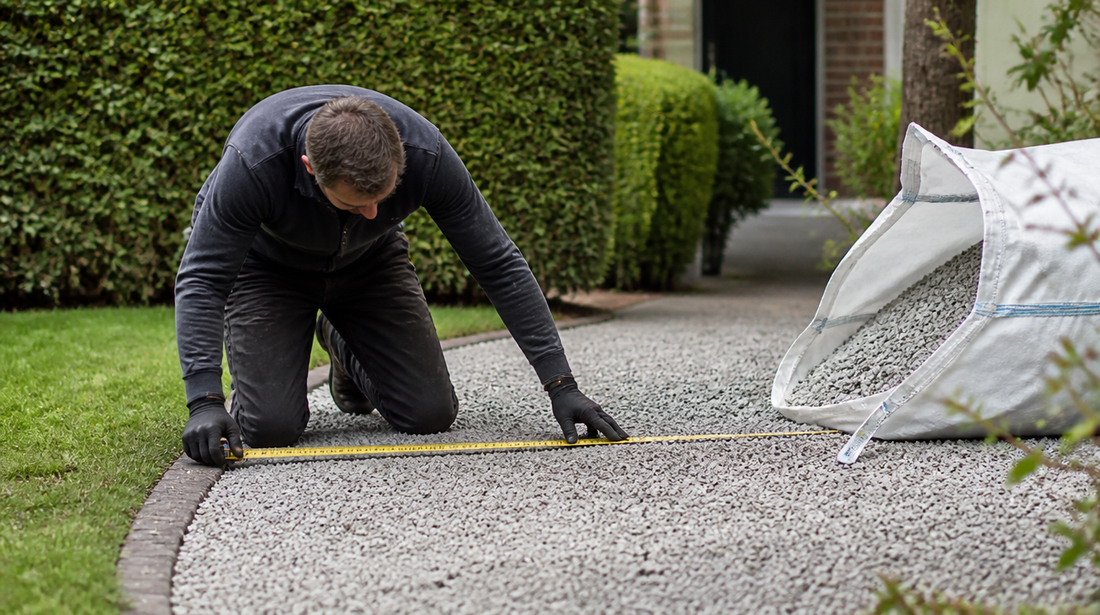 Tuinpad met siergrind wordt opgemeten met een meetlint, big bag op de achtergrond