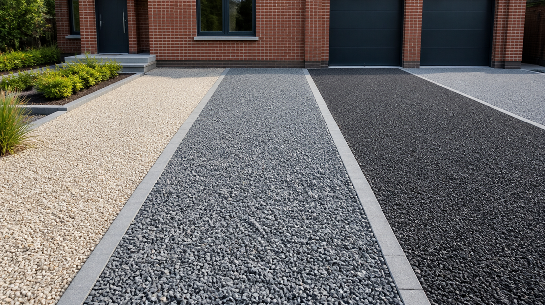 Oprit met drie soorten siergrind in beige, grijsblauw en zwart naast elkaar