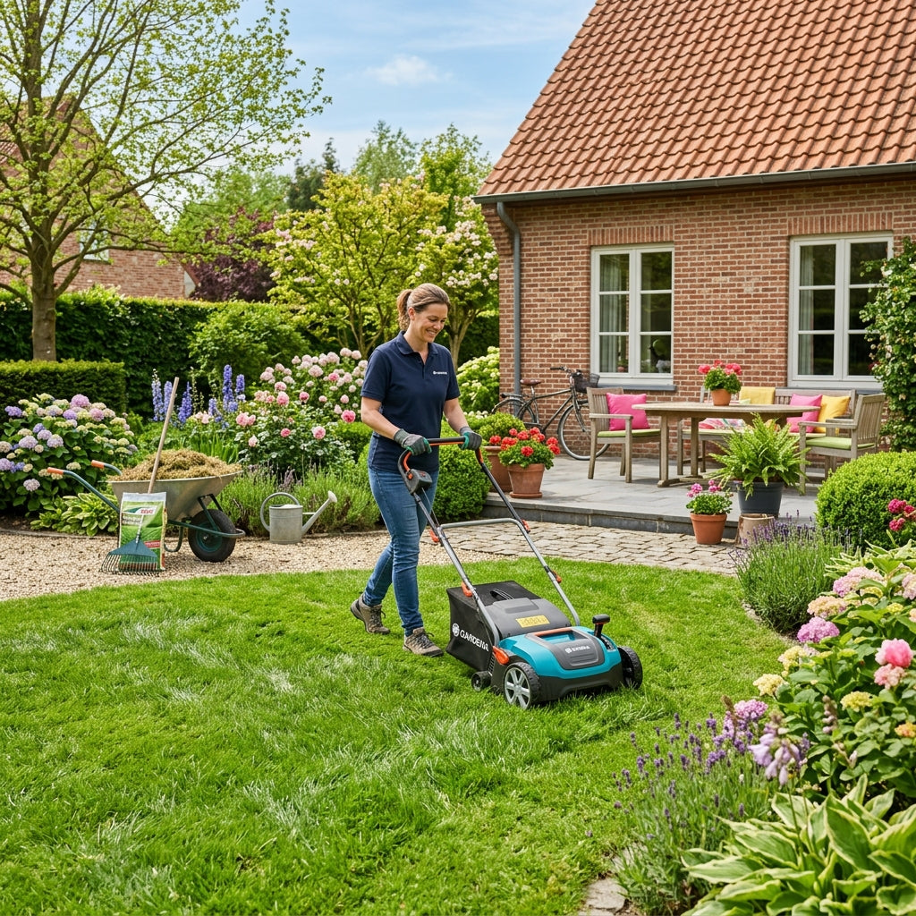 Vrouw maait het gazon met een elektrische grasmaaier in een tuin bij een bakstenen woning, met kruiwagen en bloeiende borders
