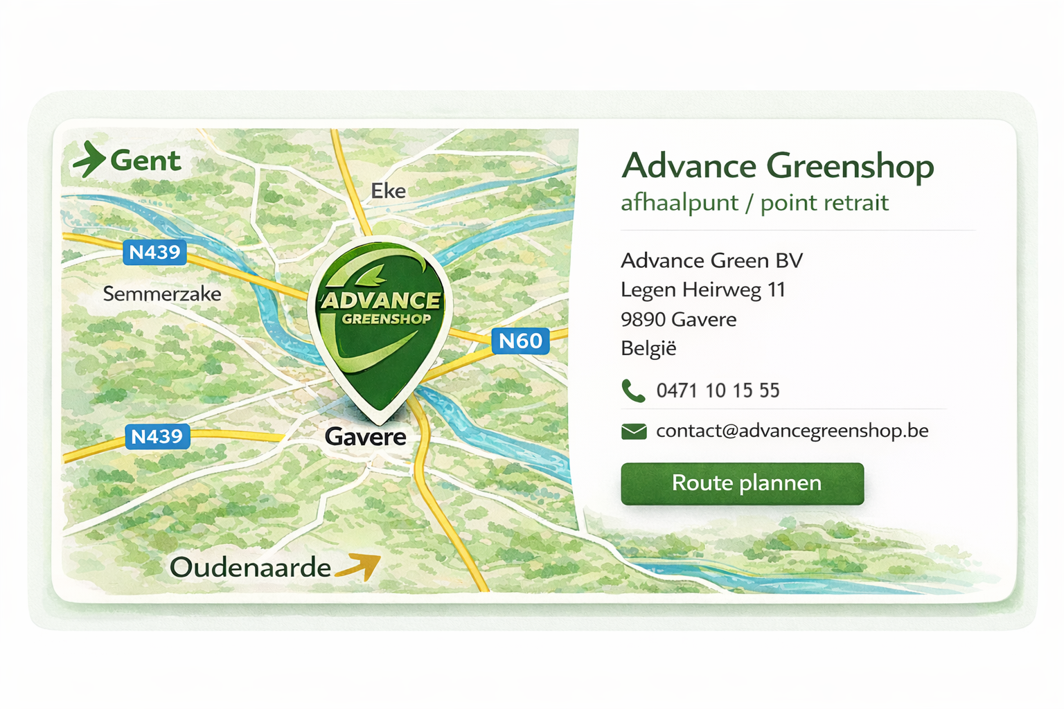 Afhaalpunt Advance Greenshop, Legen Heirweg 11 in Gavere, met routekaart en contactgegevens