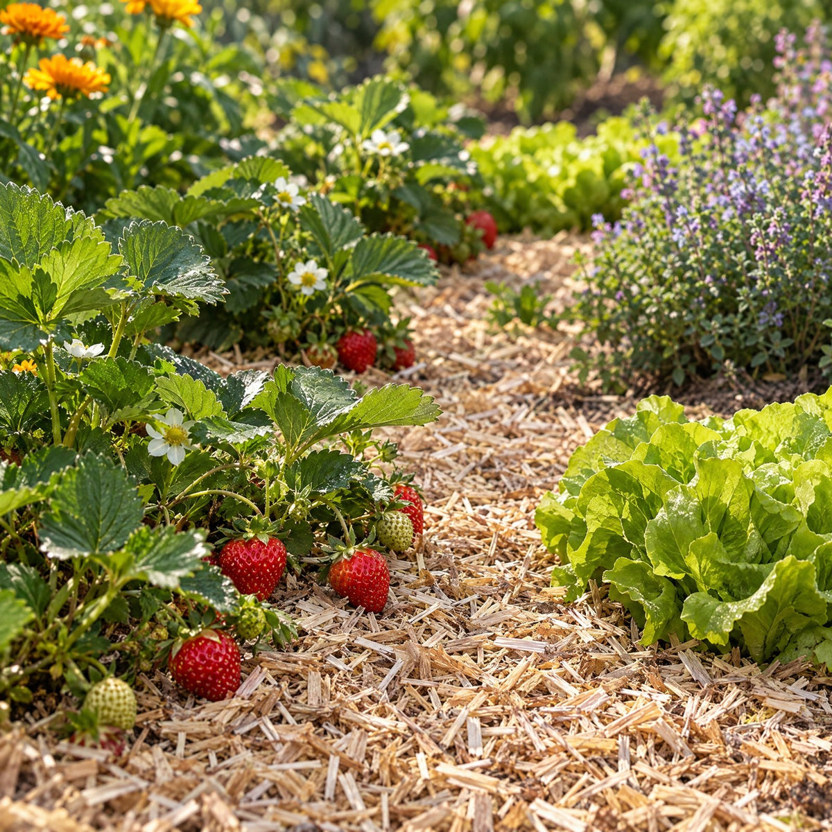 Moestuin met aardbeien, afgedekt met miscanthus mulch