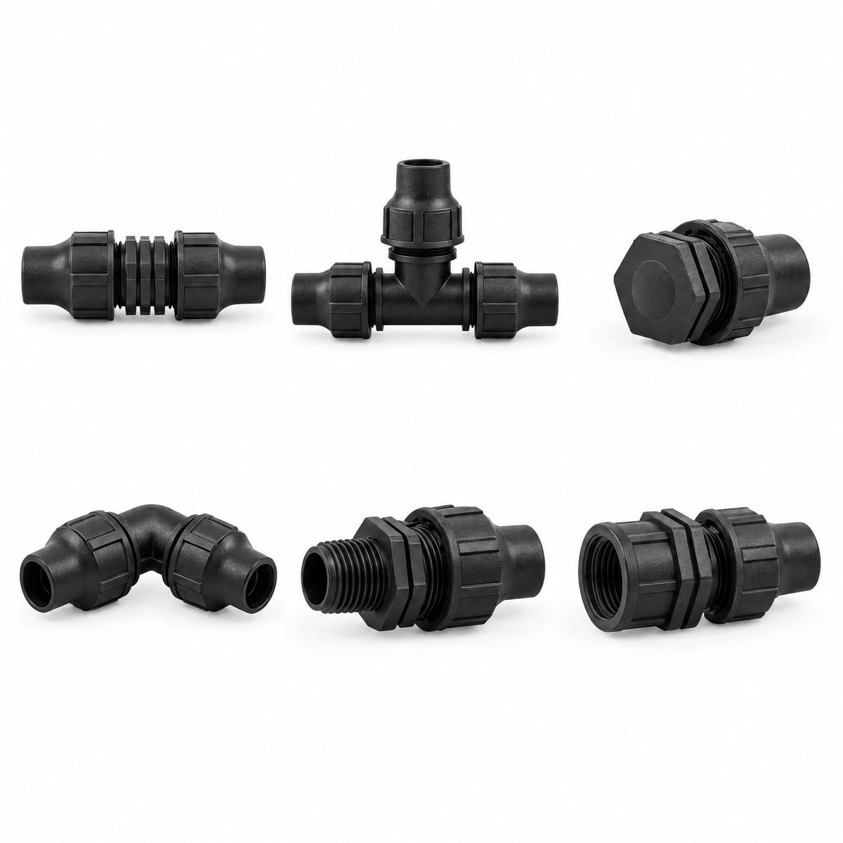 Hulpstukken voor druppeldarm 16 mm: koppelstuk, T-stuk, eindstuk, knie en twee adapters
