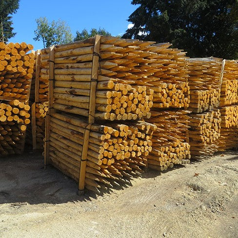 Piles de piquets en châtaignier écorcés