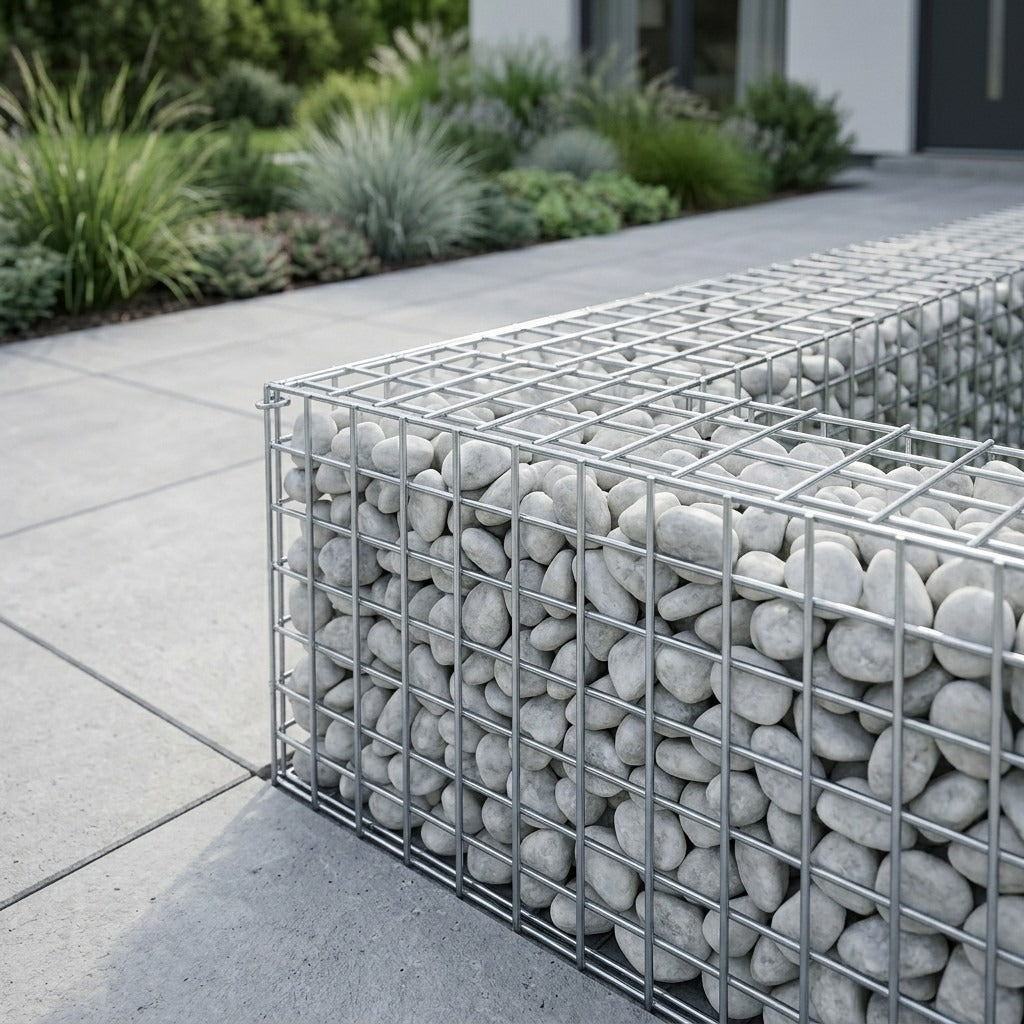 Gabion rempli de galets de marbre blanc de Carrare